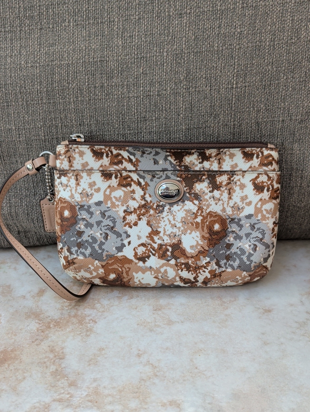 Coach Brown Gray White Floral Zip Wristlet